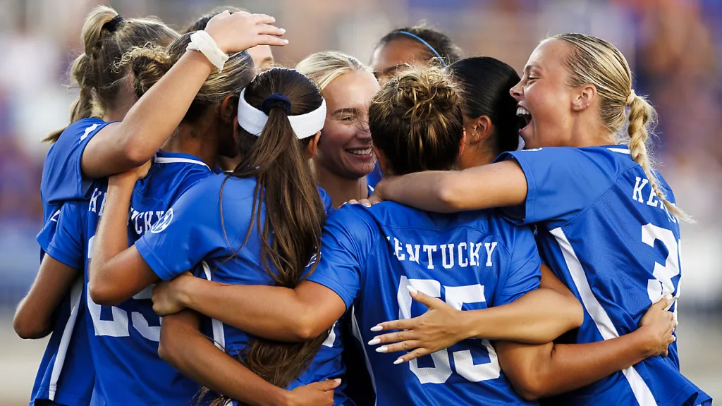 Kentucky women's soccer players celebrate during their exhibition match Aug. 10, 2024, against Xavier. The team opens the 2024 regular season Aug. 15 against Central Michigan. (UK Athletics)