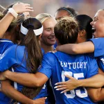 Kentucky women's soccer players celebrate during their exhibition match Aug. 10, 2024, against Xavier. The team opens the 2024 regular season Aug. 15 against Central Michigan. (UK Athletics)