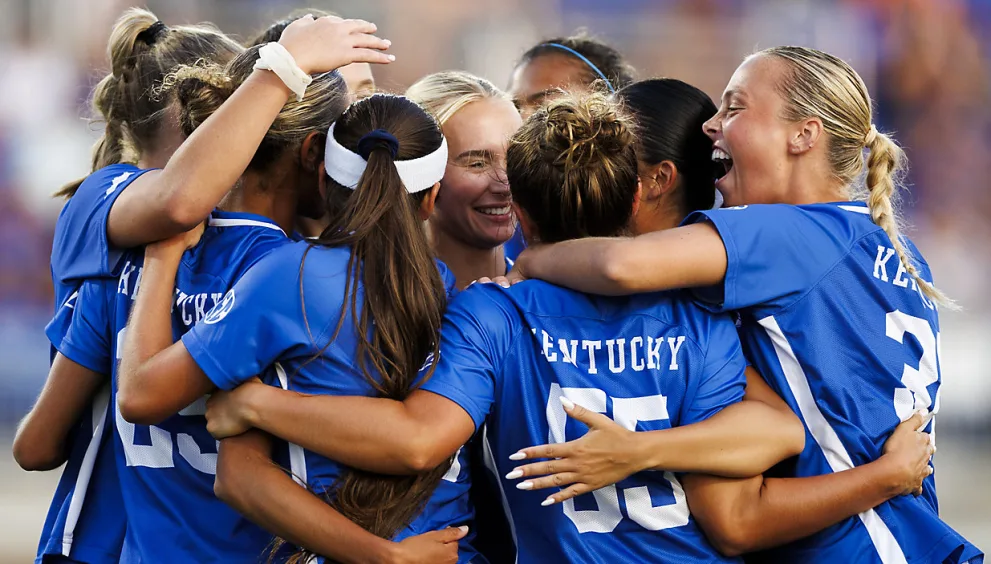 Kentucky women's soccer players celebrate during their exhibition match Aug. 10, 2024, against Xavier. The team opens the 2024 regular season Aug. 15 against Central Michigan. (UK Athletics)